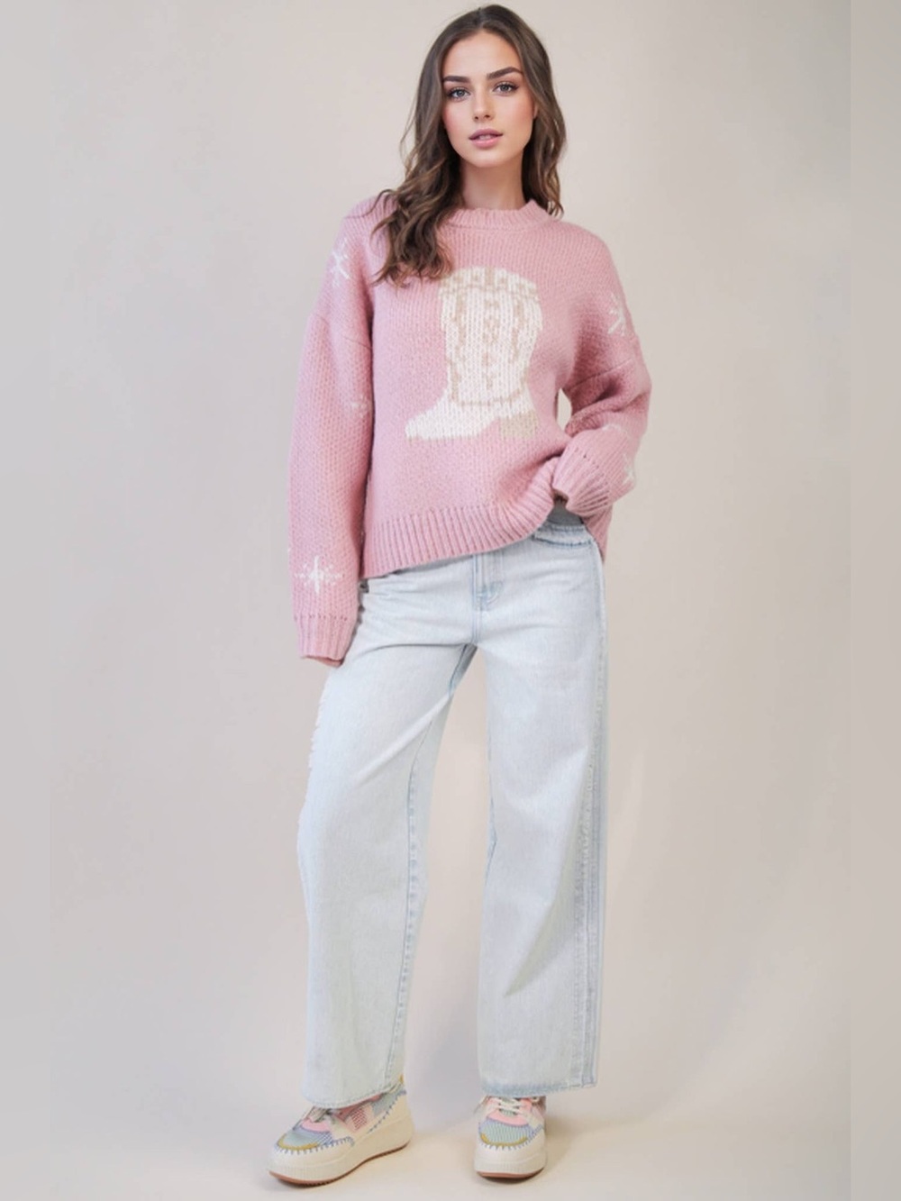 🆕 New In Shania Boot Pink Graphic Knit Sweater NWT SZ LG - Picture 2 of 4